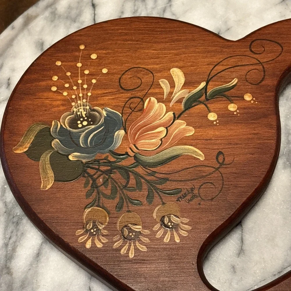 VTG 70s 80s Folk Art Hand Painted Wood Heart Mirror 9.25